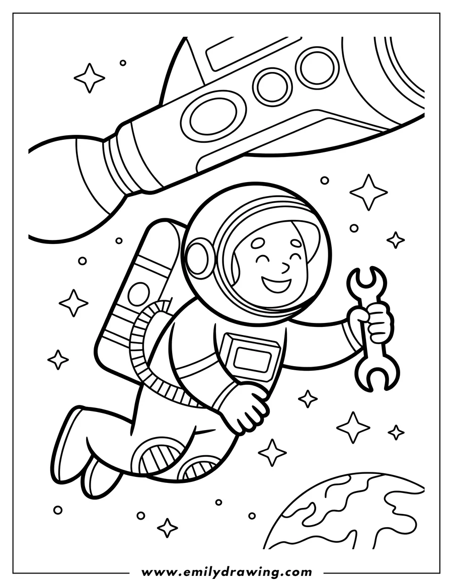 Line art of an astronaut floating in space holding a wrench, with a spaceship and planet in the background.