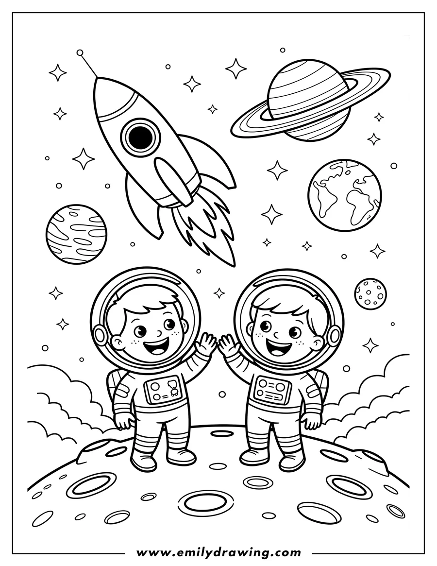 Two astronauts giving a high five on the surface of the moon with planets, stars and a rocket in the background.