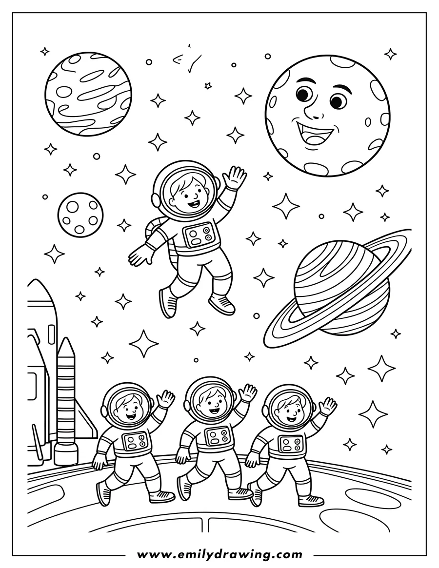 Outline of astronauts in space. One astronaut floats and waves, while three others walk on the surface of the moon. Planets, stars, and a rocket are visible in the background.