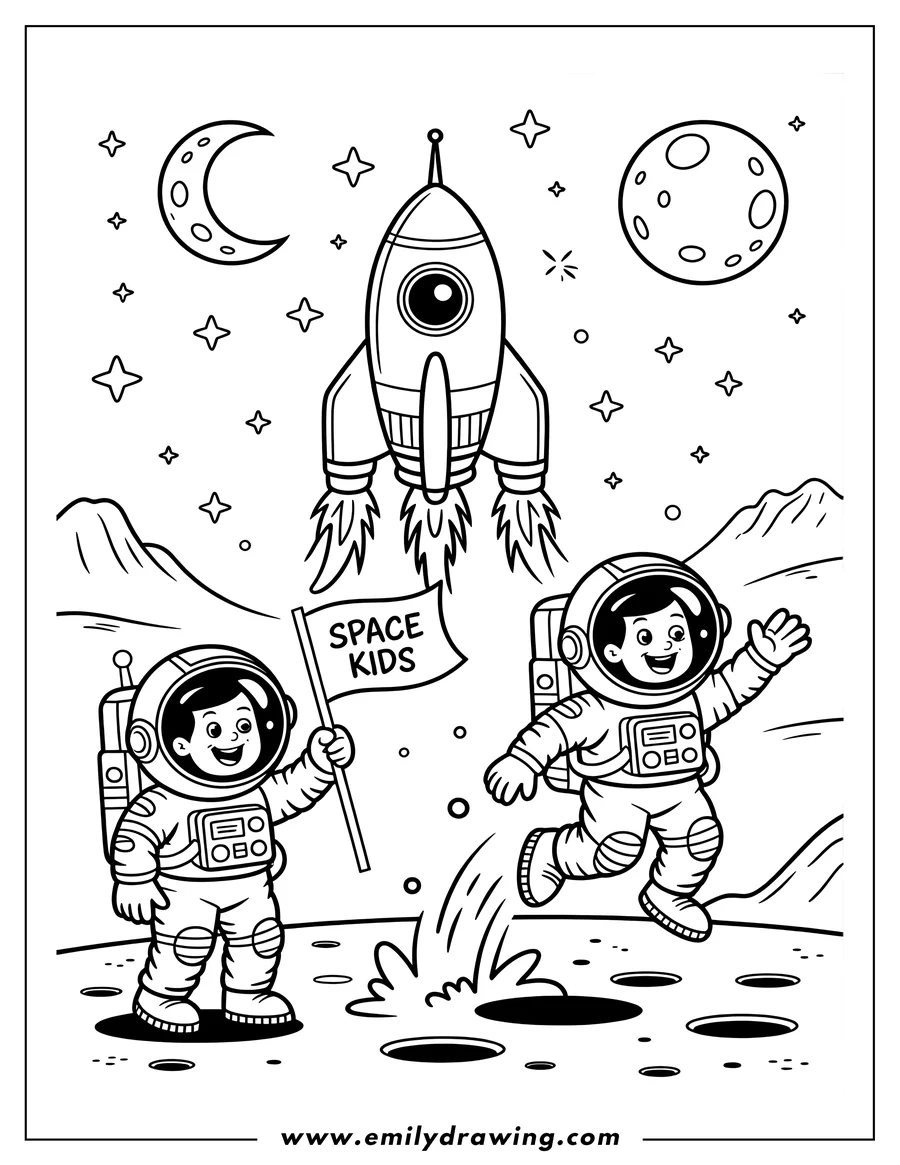 Two astronauts explore the moon's surface. One holds a 'Space Kids' flag, while the other jumps near craters. A rocket ship ascends in the background.