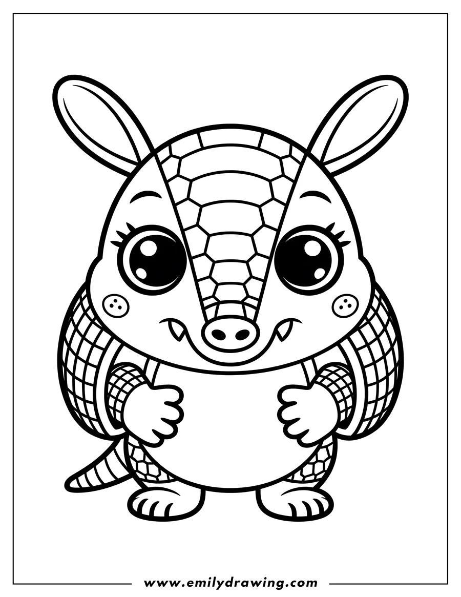Line art of a baby armadillo smiling. It has large eyes, a button nose, and a textured shell.