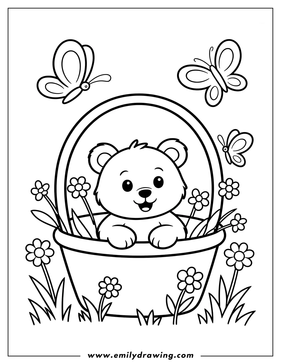 Outline of a baby bear sitting in a basket with flowers and butterflies fluttering around.