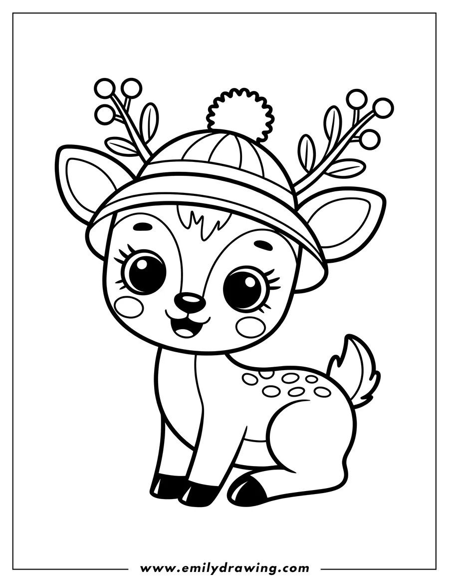 Outline of a baby deer wearing a winter hat with a pom-pom and berries on its antlers.