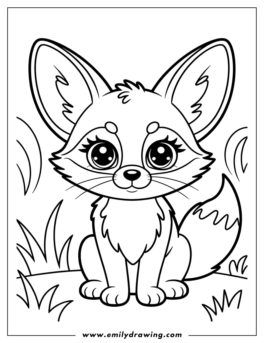 Outline of a baby fennec fox sitting in the grass, with large ears and eyes.