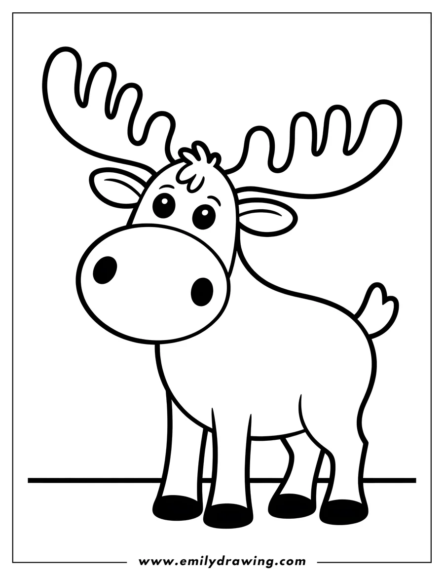 Outline of a baby moose standing on a simple line representing the ground.