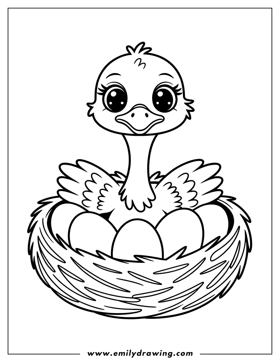 Outline of a baby ostrich sitting in its nest with several large eggs. The ostrich has large, expressive eyes and small wings.