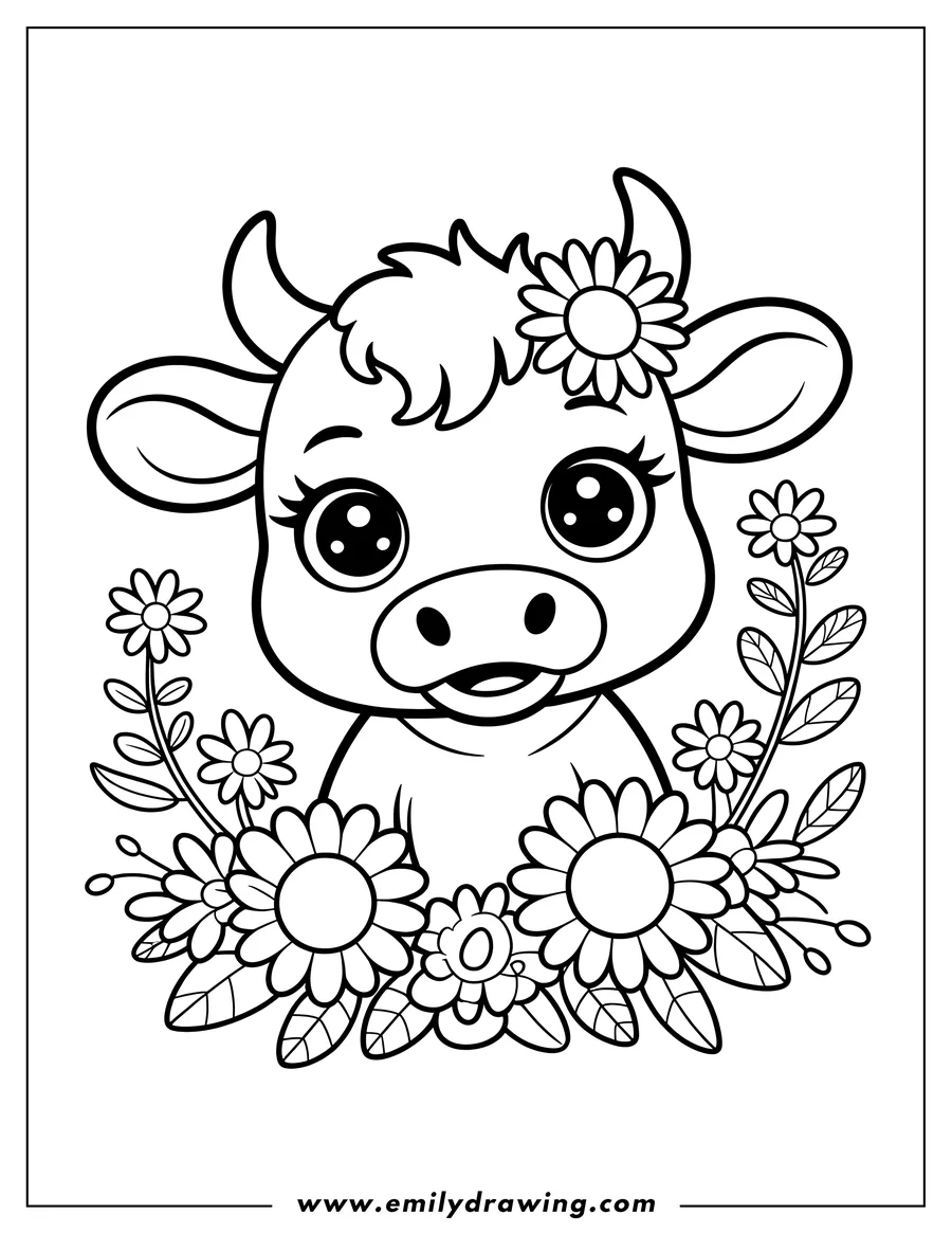 Outline of a baby ox with large eyes and a flower tucked behind its ear, surrounded by a decorative frame of various flowers and leaves.