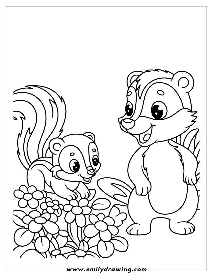 Outline of two baby skunks near a patch of flowers. One skunk is bending down to smell the blossoms, and the other is standing upright.