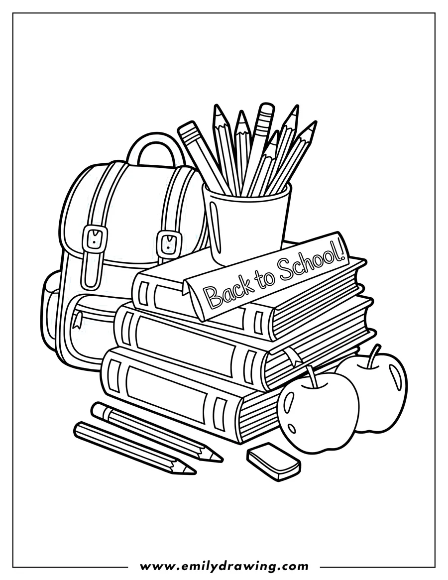 Line art illustration of back to school supplies including a backpack, a stack of books with the words 'Back to School' written across them, a cup of pencils, two apples, and an eraser.