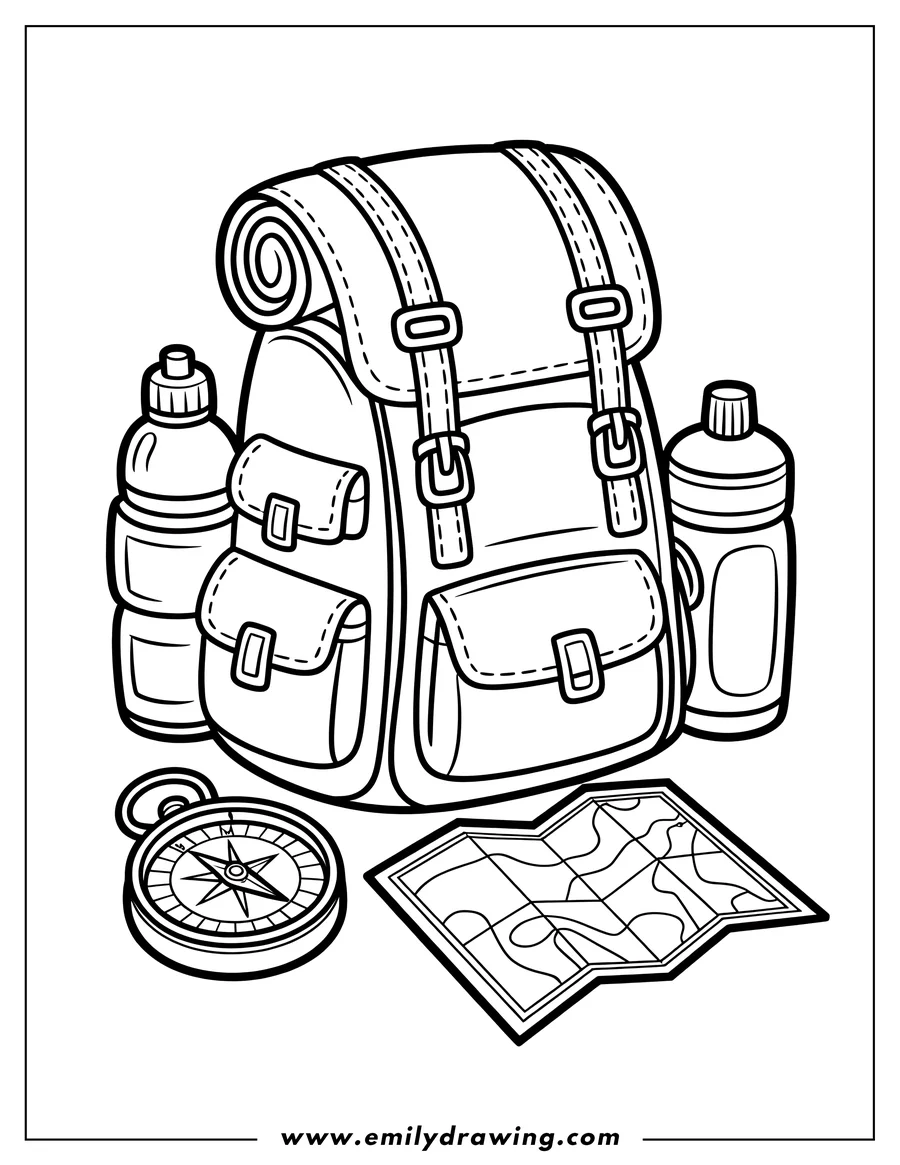 Line art of a backpack with camping gear including a sleeping mat, two canteens, a folded map and a compass.