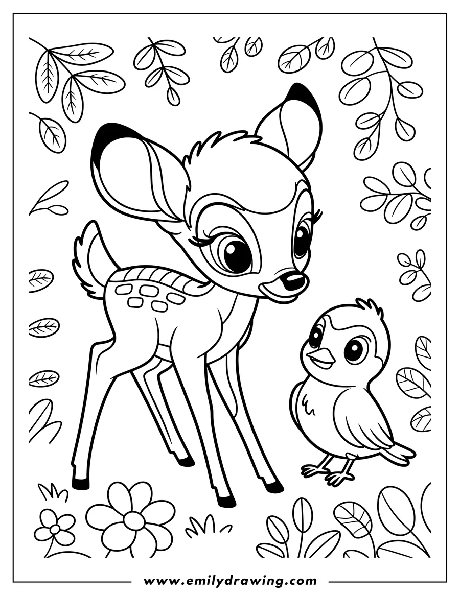 Line art of Bambi the deer and a small bird amongst flowers and leaves.