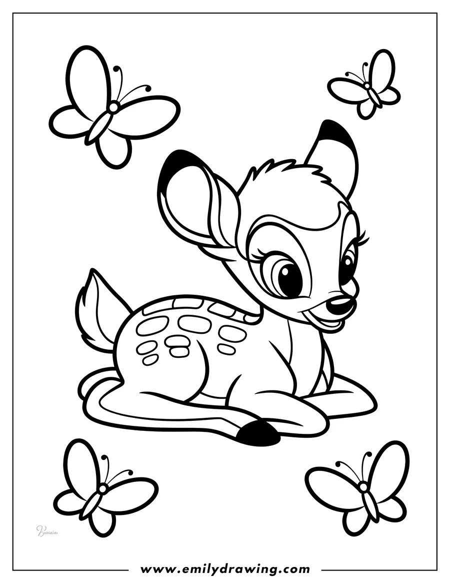Outline of Bambi the deer lying down with butterflies fluttering around him.