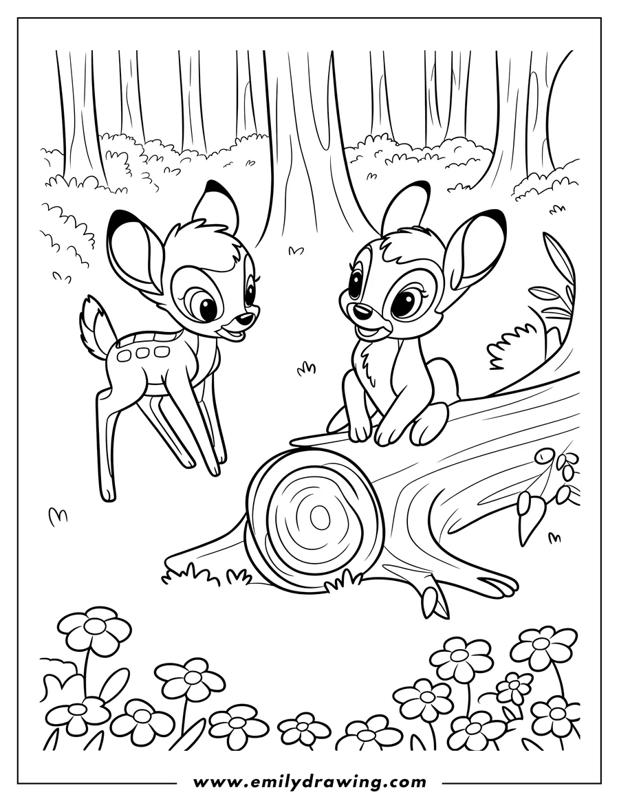 Outline of Bambi and Faline in a forest clearing. Faline sits on a large log while Bambi stands nearby. Flowers and trees surround them.