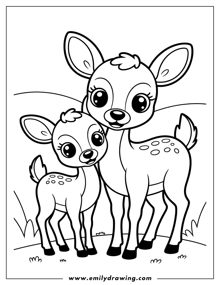 Line art of Bambi and Faline standing together in a field. They both have large eyes and spotted coats.