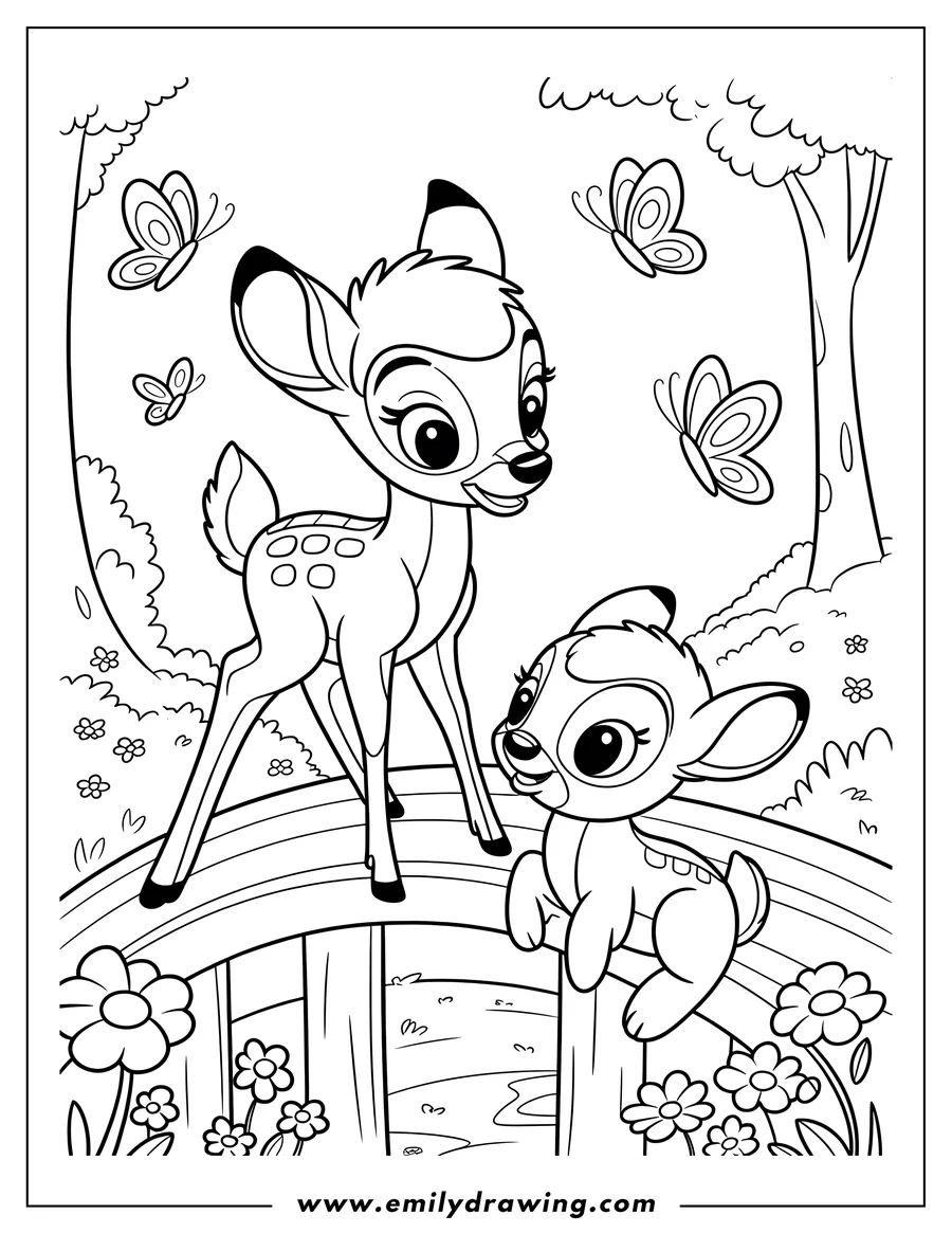 Line art of Bambi and Faline standing on a wooden bridge, surrounded by flowers and butterflies.