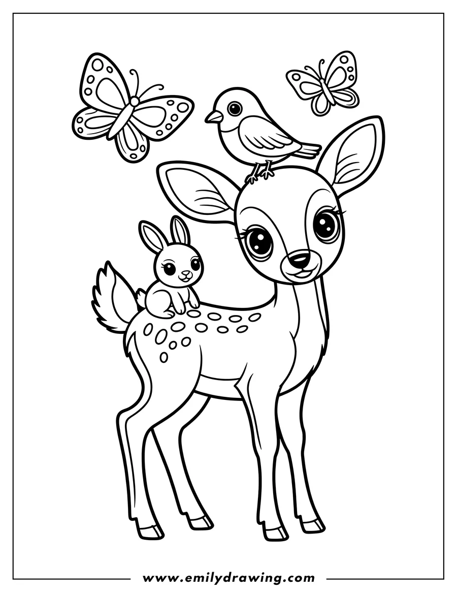 Line art of Bambi the deer with a bunny on his back and a bird on his head. Two butterflies flutter around them.