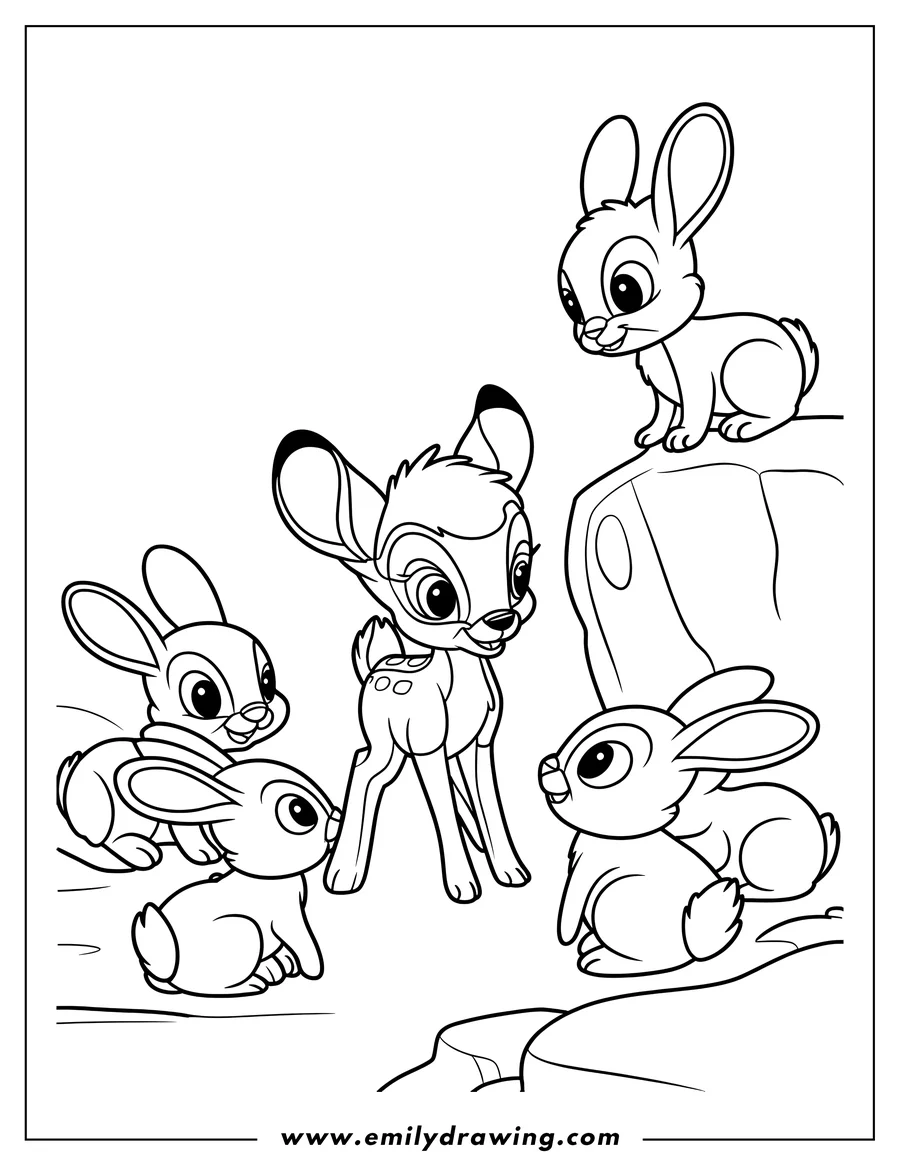 Outline of Bambi the deer with three rabbits. One rabbit sits on a rock behind Bambi.