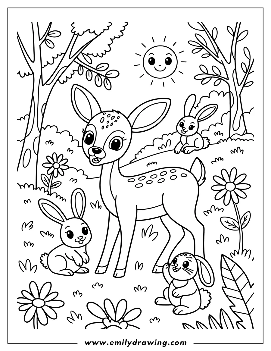Outline of Bambi the deer with three rabbits in a sunny forest clearing with flowers and trees.