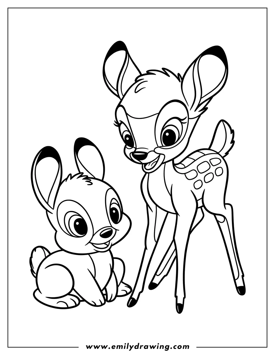 Outline of Bambi the deer and Thumper the rabbit standing together.