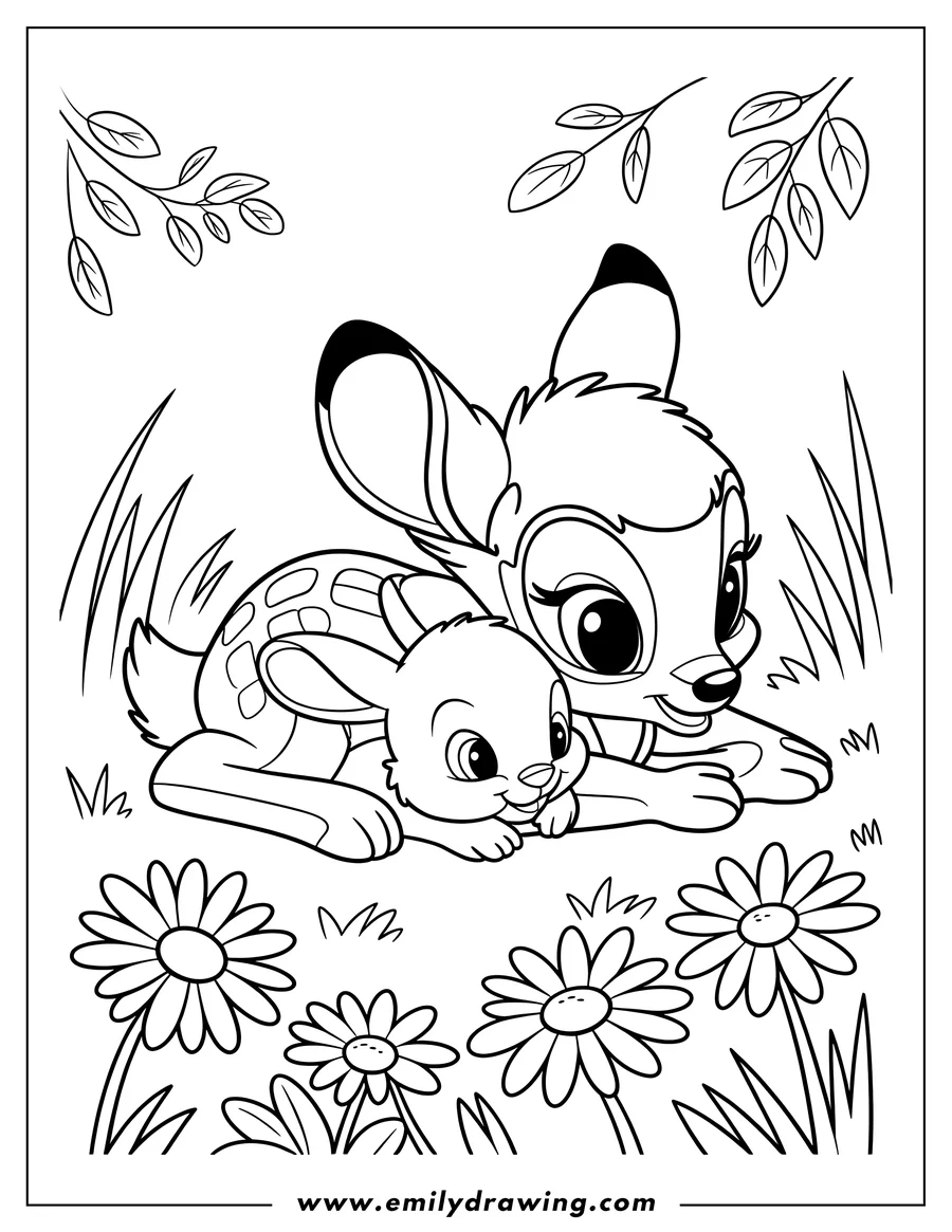 Outline of Bambi and Thumper lying together in a meadow of flowers.