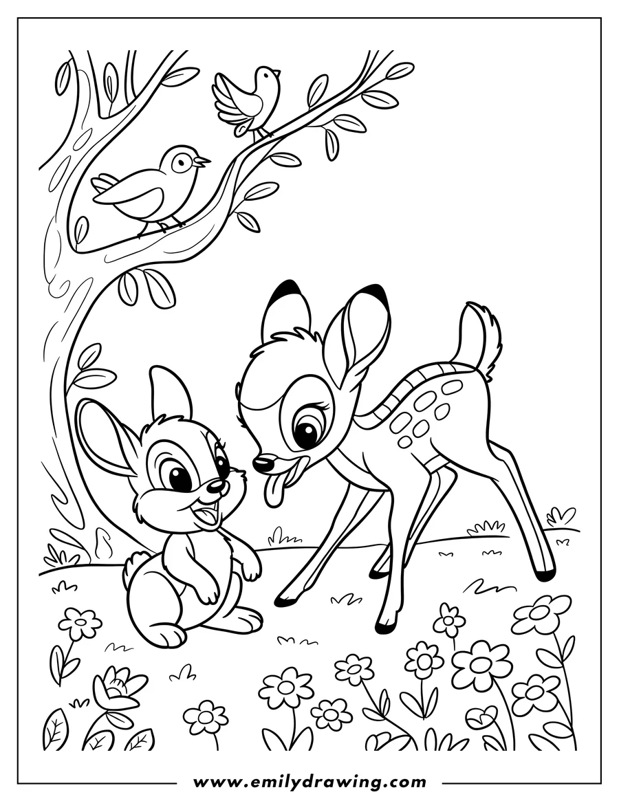 Outline of Bambi and Thumper playing together in a meadow with flowers and birds in a tree