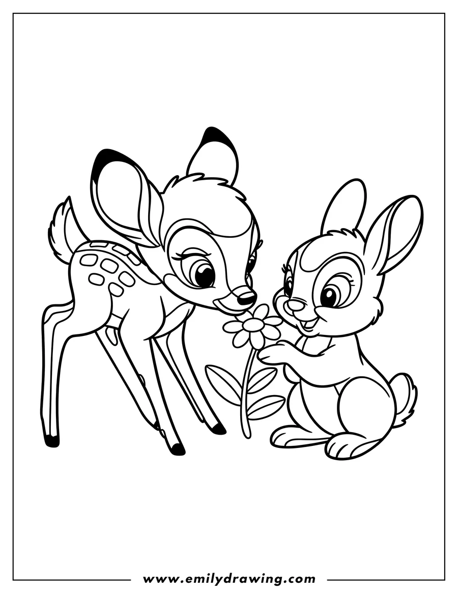 Outline of Bambi and Thumper with a flower. Thumper is offering the flower to Bambi.
