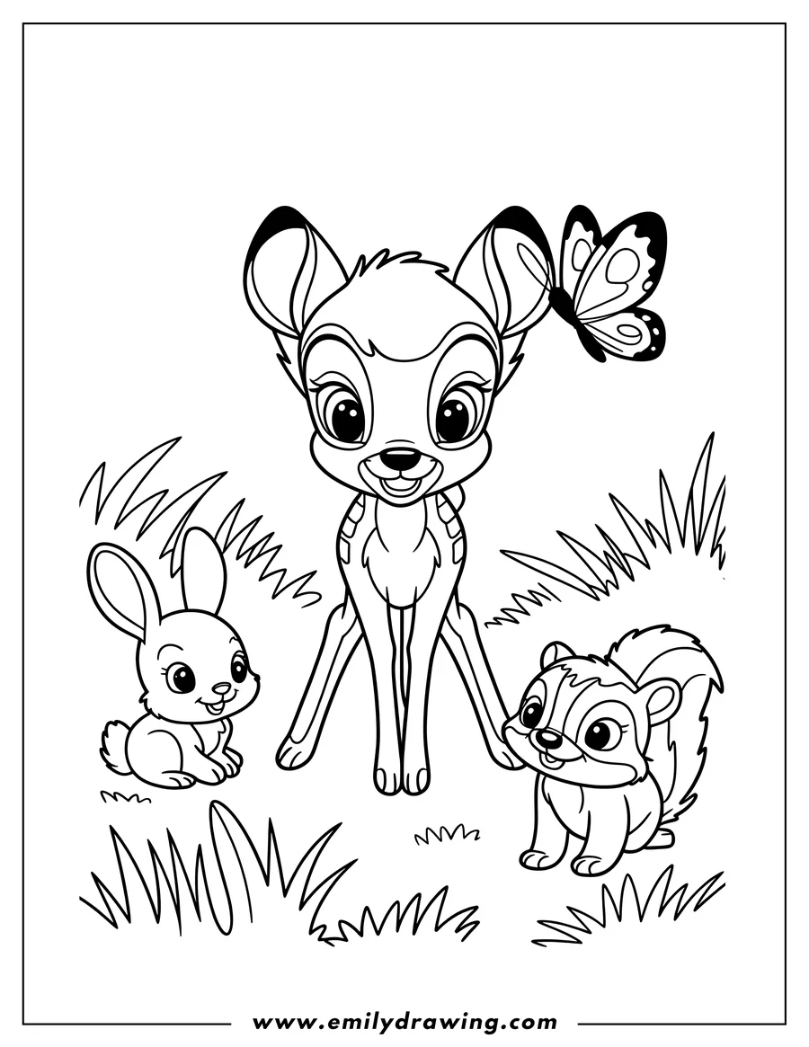 Line art of Bambi the deer, a butterfly, a rabbit, and a skunk in a grassy field.