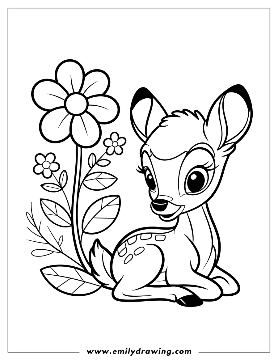 Outline of Bambi sitting near some flowers.