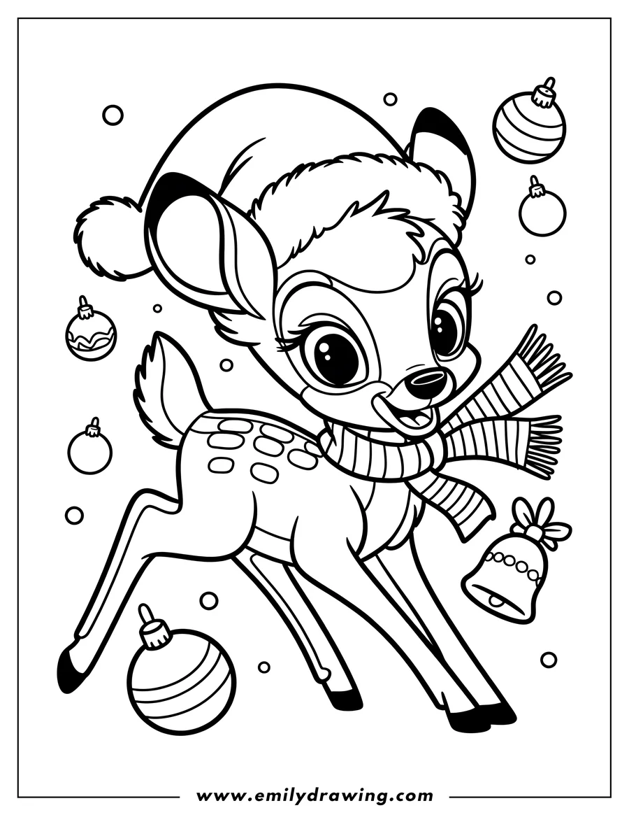 Outline of Bambi wearing a Santa hat and scarf, prancing among Christmas ornaments and a jingle bell.