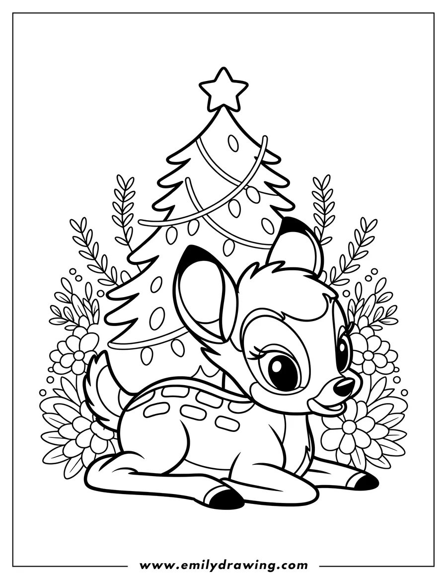Outline of Bambi lying down near a decorated Christmas tree with flowers in the foreground.