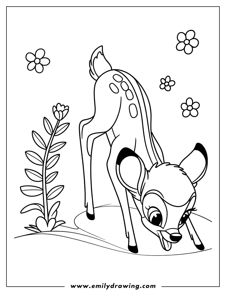 Line art illustration of Bambi, the young deer, with his tongue out in a playful pose. He is surrounded by simple flowers and plants.