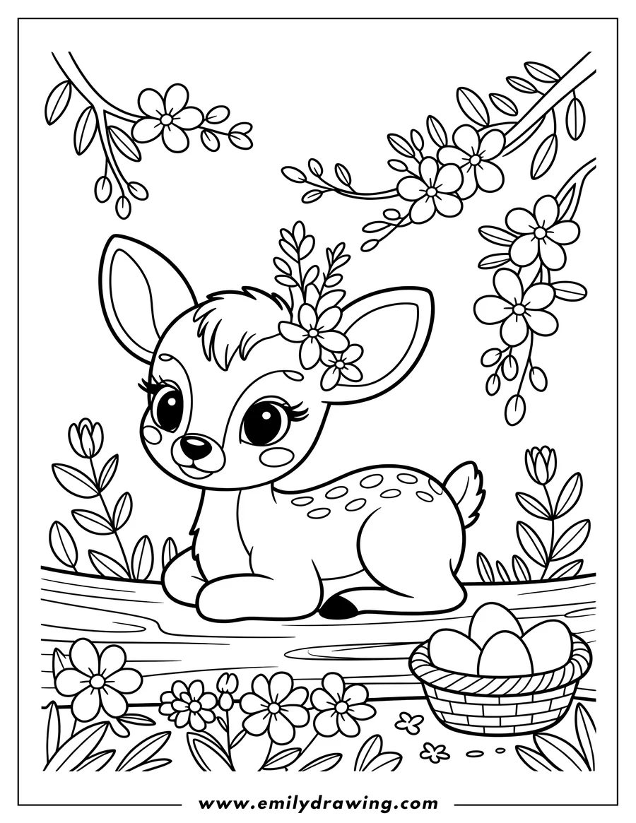 Outline of Bambi sitting near a basket of Easter eggs, surrounded by spring flowers.