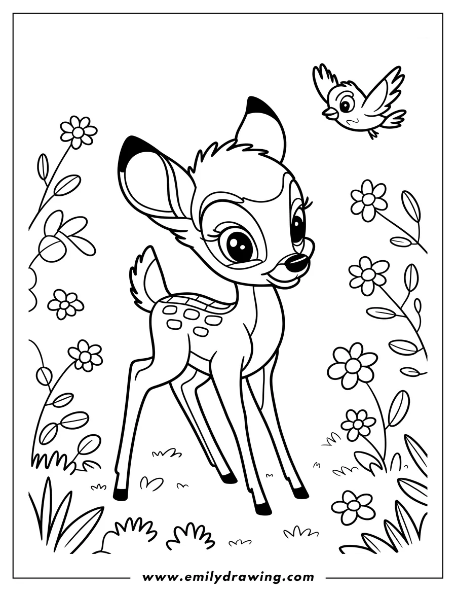 Outline of Bambi the fawn standing in a field of flowers with a small bird flying overhead.