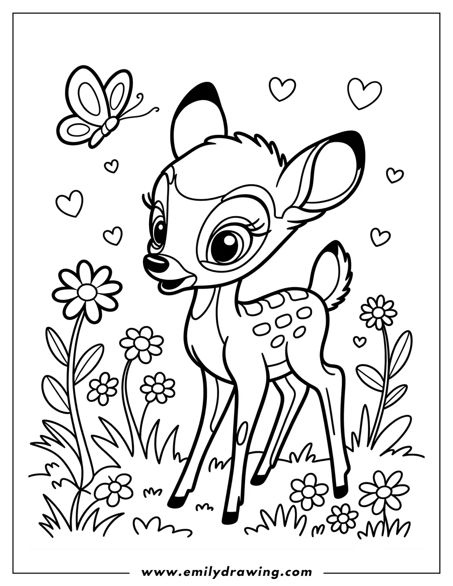Outline of Bambi the fawn standing in a field of flowers, a butterfly floats nearby.