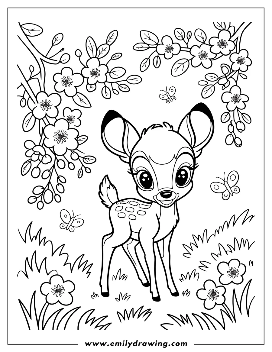 Outline of Bambi the fawn standing in a field of flowers and grass with butterflies fluttering around and cherry blossom branches overhead.