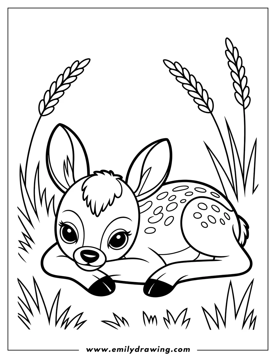 Outline of Bambi the fawn lying down in the grass. He has spots on his back and large, expressive eyes.