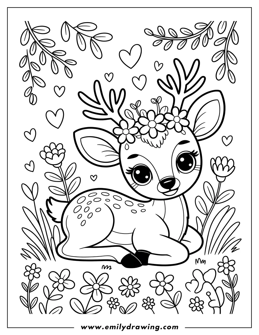 Outline of Bambi wearing a flower crown and lying in a field of flowers.