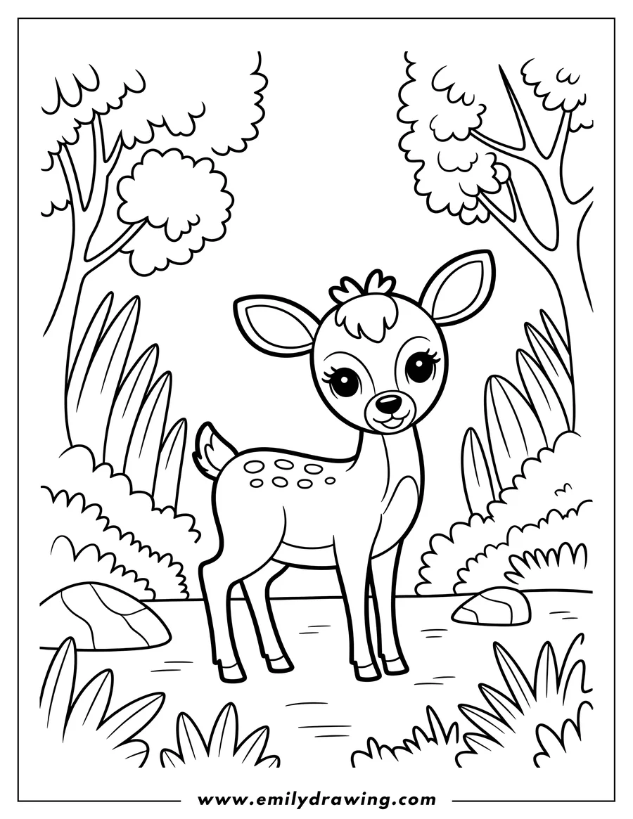 Line art of Bambi the fawn, standing in the forest, surrounded by trees and grass.