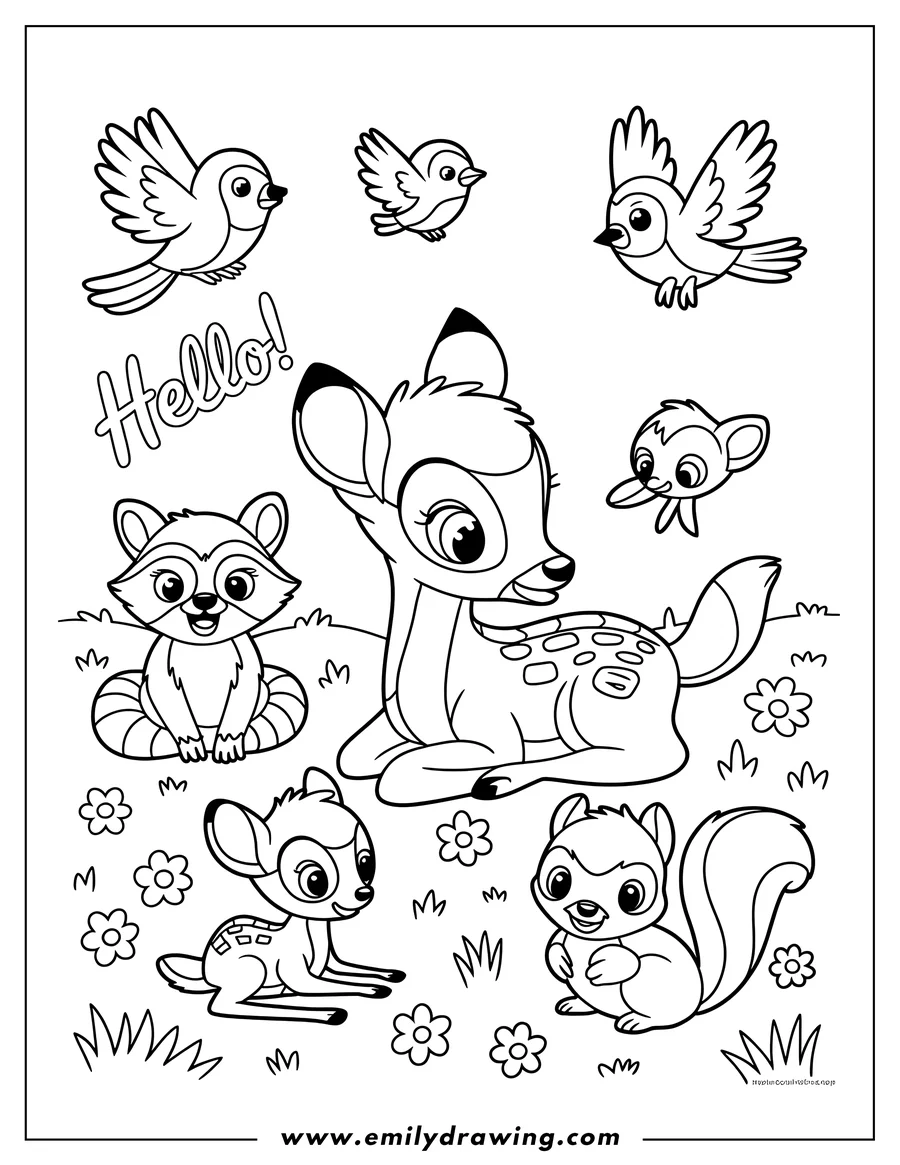 Outline of Bambi the deer with a raccoon, squirrel, and three bluebirds in a grassy field with flowers.