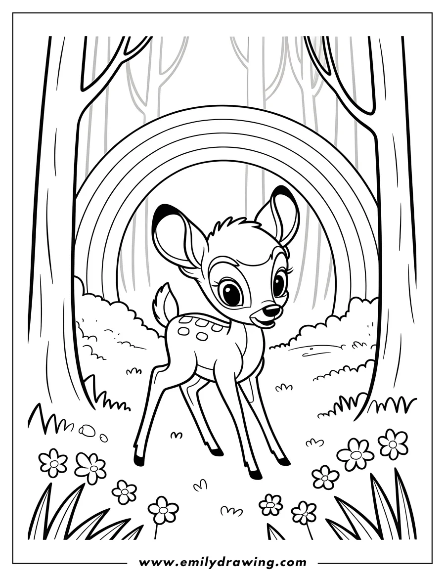 Outline of Bambi the fawn standing in a forest clearing with a rainbow behind him and flowers at his feet.