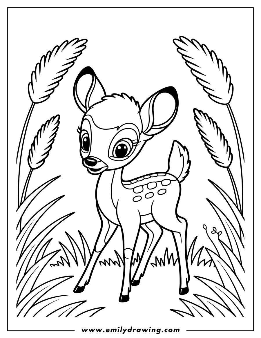 Outline of Bambi the deer standing in tall grass with ferns.