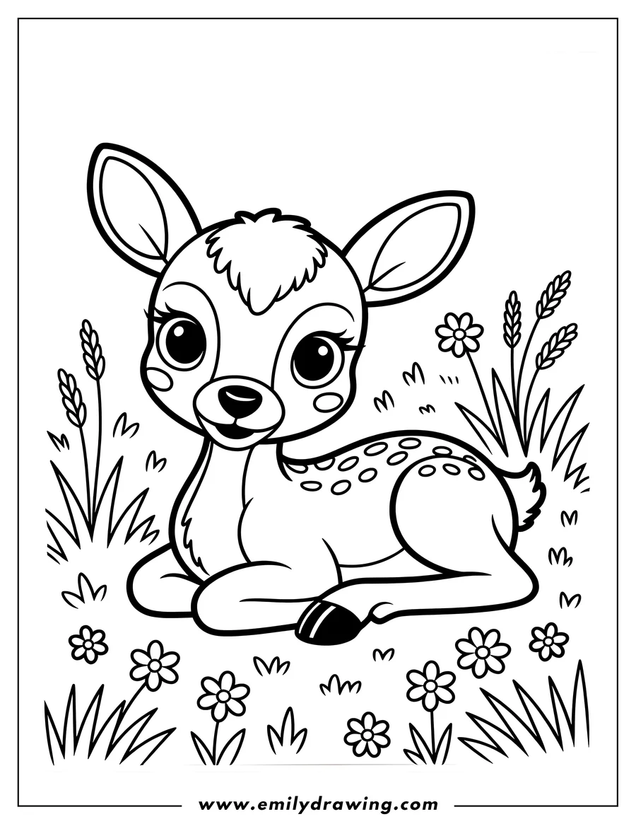 Outline of Bambi resting in a meadow surrounded by flowers and grass.