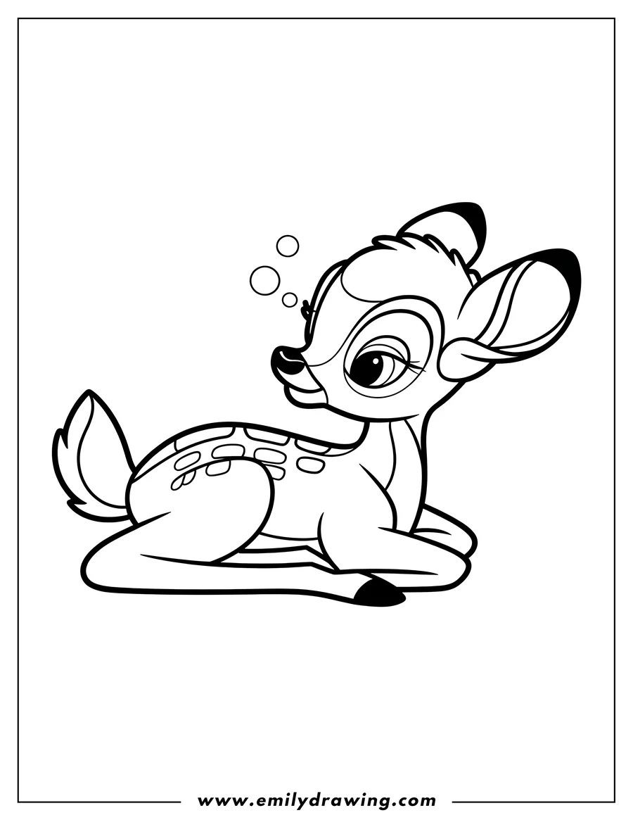 Line art of Bambi lying down, seemingly relaxed.