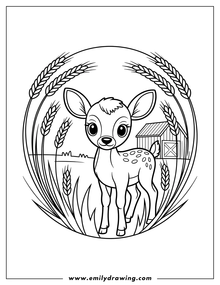 Outline of Bambi the fawn standing in a field near a barn, surrounded by tall wheat stalks.