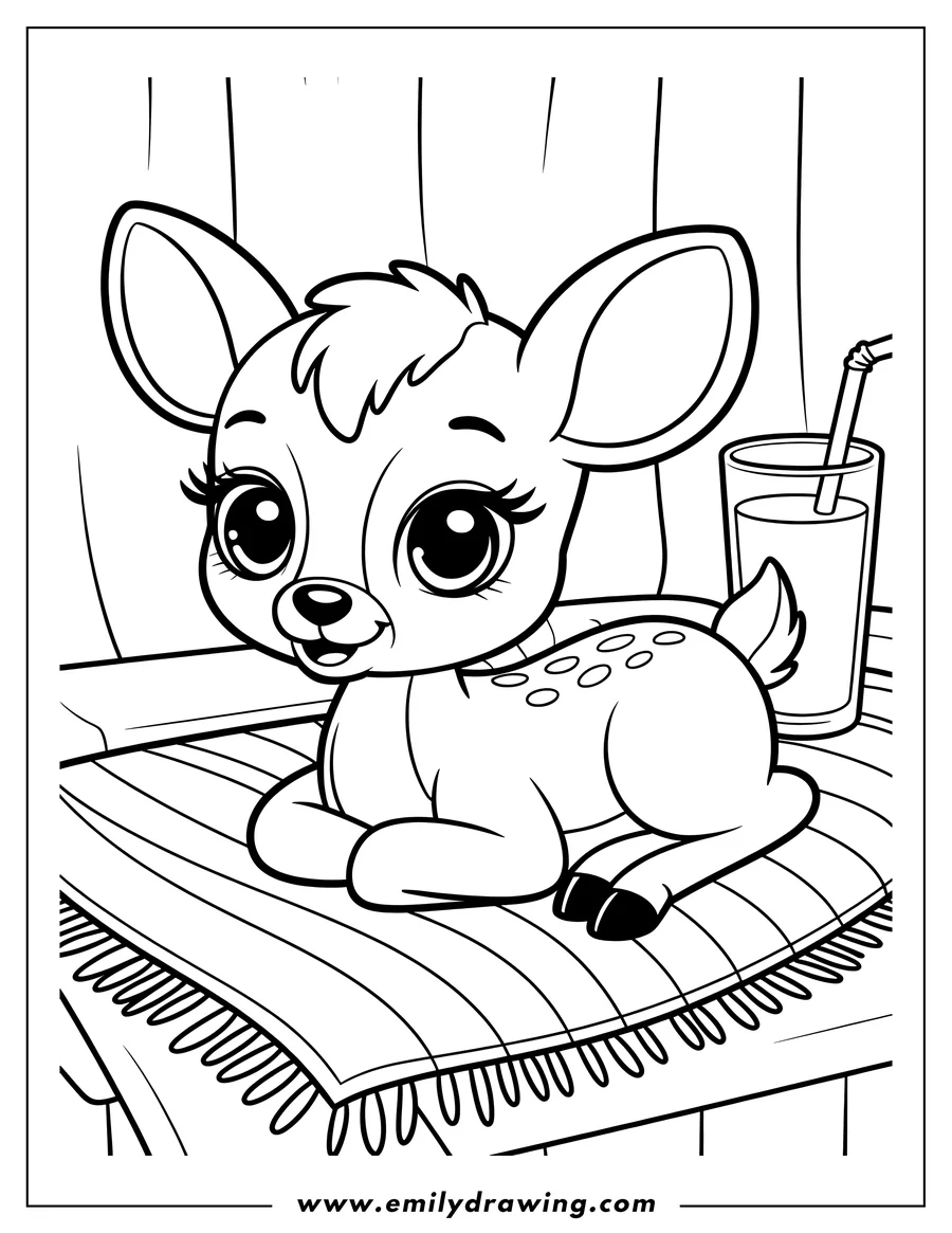 Outline of Bambi lying on a striped rug with a glass and straw next to him.