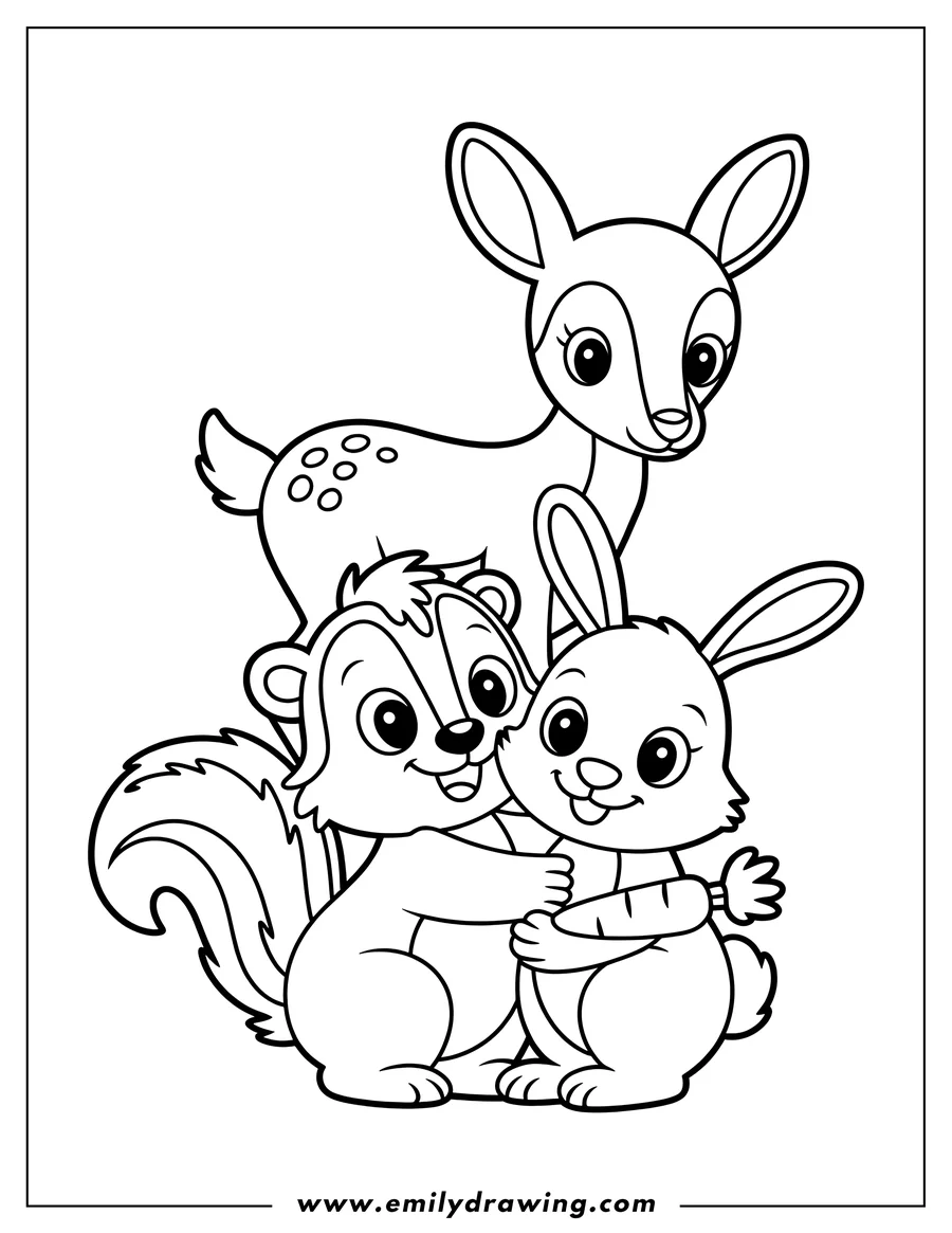 Line art of Bambi, a skunk, and a rabbit hugging. The rabbit holds a carrot.