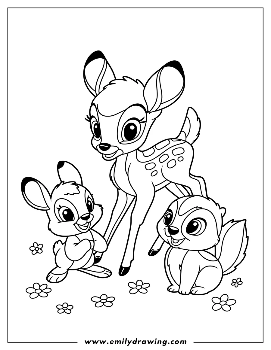 Line art of Bambi the deer with Thumper the rabbit and Flower the skunk, surrounded by small flowers.
