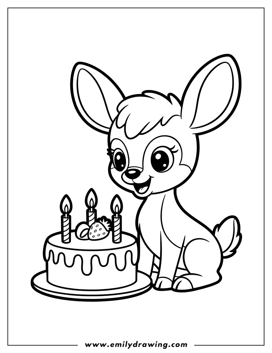 Outline of Bambi sitting next to a birthday cake with three lit candles and a strawberry on top.