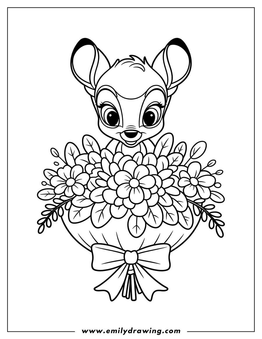 Outline of Bambi holding a large bouquet of flowers tied with a ribbon.