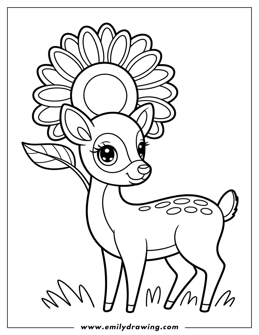 Outline of Bambi the deer wearing a large flower. He has big, cute eyes and is standing in some grass.